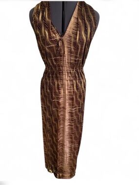 Metallic Bronze Halter Maxi Dress with Elastic Waist